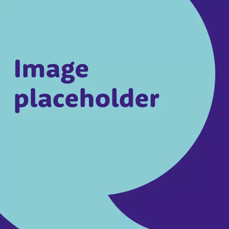 purple square with abstract blue speech bubble.  the words Image placeholder.