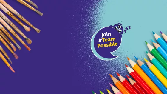 graphic design encouraging you to design a character for #TeamPosible.  With a friendly purple monster, pens and pencils.