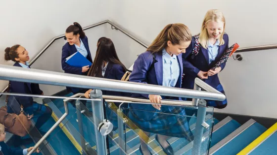Photo of school students walking up stairs
