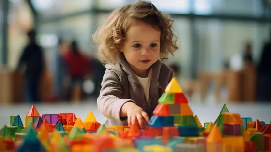 Young child plays with building blocks