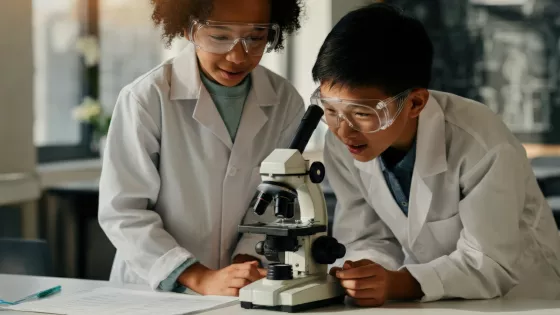 Two children look through a microscope wearing lab coats in a science class.
