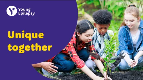 A slide from the 'Unique together' school assembly - group of school children shown gardening