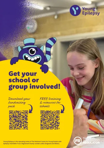 School fundraising flyer with QR codes and girl smiling doing schoolwork
