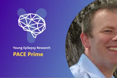 Dr Colin Reilly is pictured to the right of a graphic representing Young Epilepsy's PACE Prime research project.