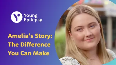 Amelia, a young smiling woman, is pictured in the thumbnail of a Young Epilepsy video of her story.