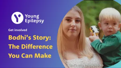 A young woman holds her son beside text for a video titled 'Bodhi's Story: the difference you can make'.