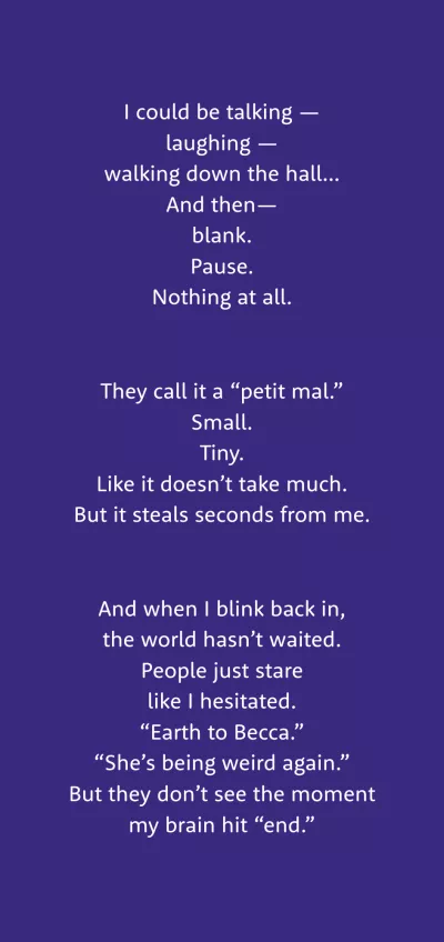 Rebecca Edwards' poem is printed in white text on blue. Part 2.