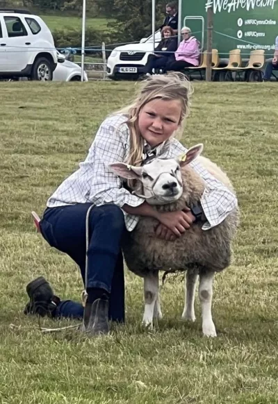 A young girl cuddles a sheep in a field.