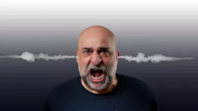 Steam bursts from the ears of Omid Djalili's floating head in a silly image.
