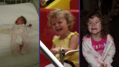 Collage of 3 photos of a young girl as a baby, another smiling on a ride, and another smiling wearing glasses