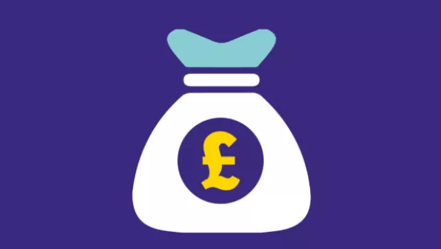 graphic design of a money bag on a purple background with a yellow pound sign