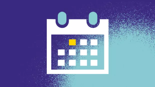Graphic design of a calendar on a purple background with blue spray paint