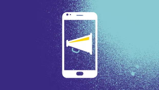 Graphic design of a white mobile phone with a megaphone in the centre of the screen,  on a purple background with blue spray paint