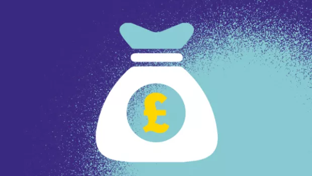 graphic design of a money bag with a yellow pound sign, on a purple background with blue spray paint