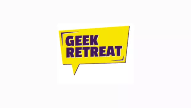 Geek Retreat logo.  Yellow speech bubble with Geek retreat written in purple inside the bubble.