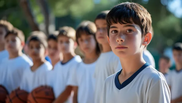 Young boy stands in front of his basketball team at school