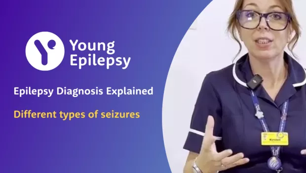 An image of a nurse, Kirsten, sits beside a title for a video 'Epilepsy diagnosed explained' by Young Epilepsy.