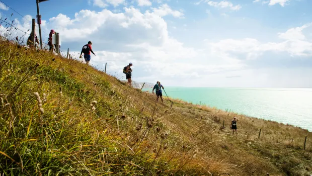 A group of hikers climb down a grassy seaside hill.