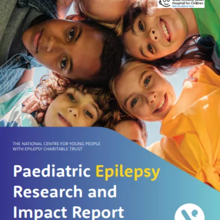 Five children huddle their heads for a photo on the cover of the Research and Impact Report 2024 for Young Epilepsy.