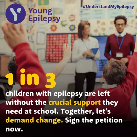 A pair of teachers stand in class as students raise their hands with the stat that 1/3 children with epilepsy lack school support.