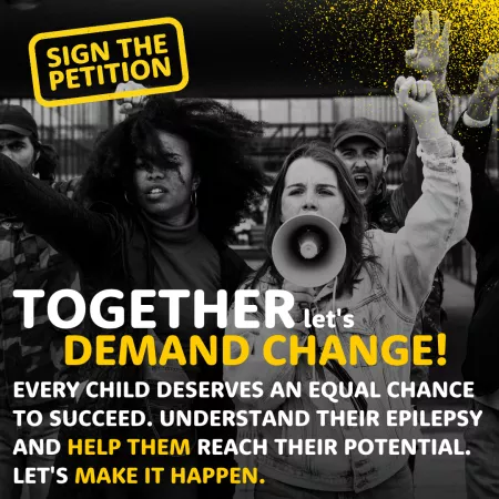 A black and white image of protesters is overlaid with white and yellow writing demanding change via a petition.