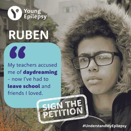 Ruben with his glasses on and his quote 'I had to leave the school I loved. It hurt me'.