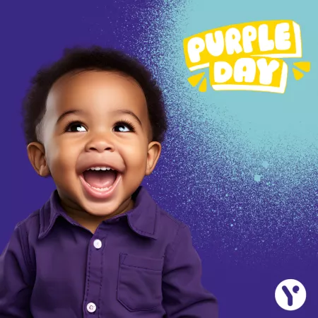 A young boy against a purple background grins beside the logo for 'Purple Day'.