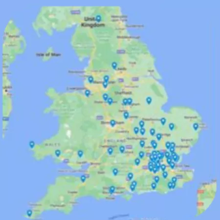 A map shows the number of people in youth support services at Young Epilepsy in the 2023.