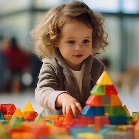A young child builds a pyramid out of colourful blocks.