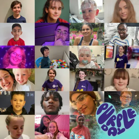 23 young people are photographed in a collage for purple day.