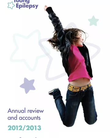 A woman is depicted leading joyfully on the Young Epilepsy Annual Report 12-13 cover.