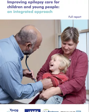 A doctor makes a child laughs on the Improving Care in Epilepsy 2013 cover.