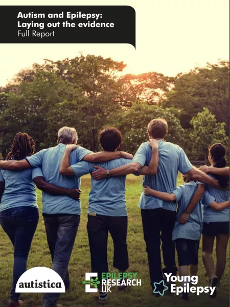 A row of people in matching blue t-shirts hold shoulders facing the sunset on the Autism and Epilepsy snapshot cover.