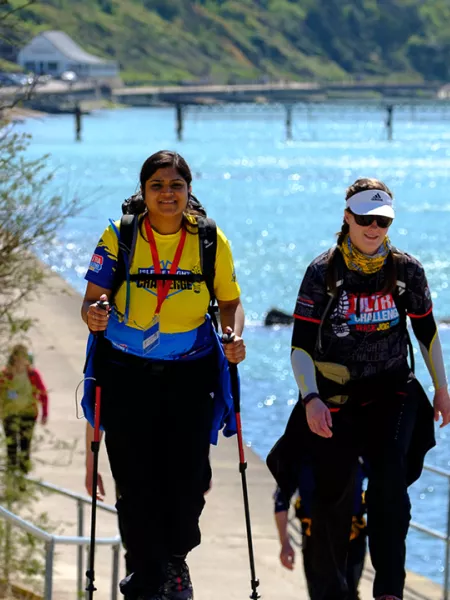 Women walking with sea in background