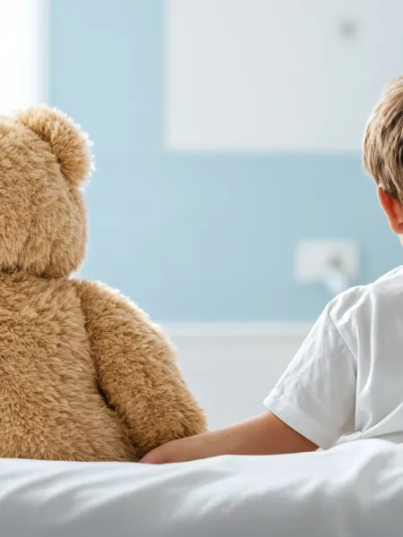 Child and teddy sitting on hospital bed facing away