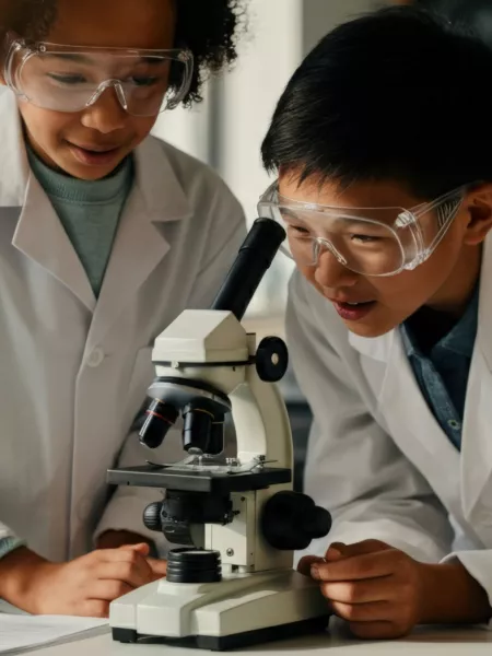 Child research - children wearing lab coats and looking through a microscope