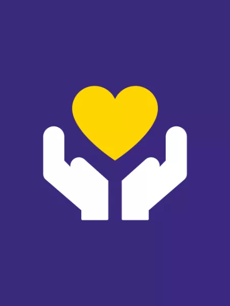 A graphic design depicts two white hands lifting up a yellow cartoon heart against a purple background.