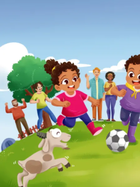 Book cover showing children and a goat playing football, as their families cheer 