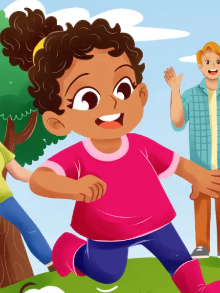 Book cover showing children and a goat playing football, as their families cheer 