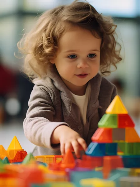 A young child builds a pyramid out of colourful blocks.