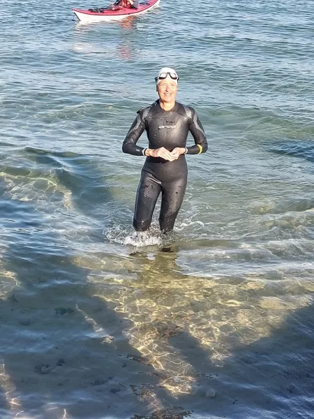 Women posing in wetsuit in water