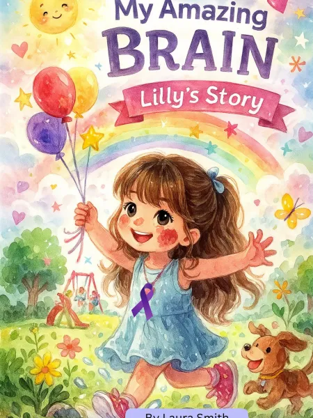 A book cover shows a little girl holding balloons before a rainbow.