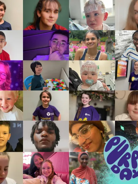 23 young people are photographed in a collage for purple day.