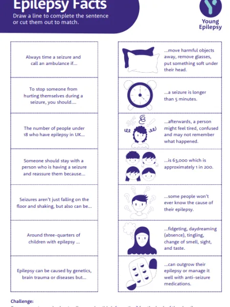 Two columns provide the start and ends of sentences about epilepsy as a matching pairs game.