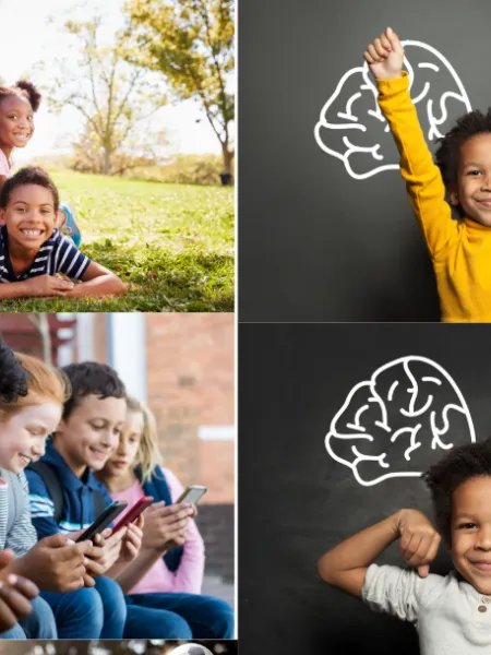 A grid shows four photos of school age children.