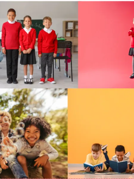 A grid shows four photos of school age children.