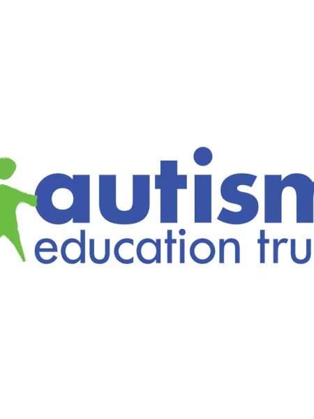 The Autism Education Trust depicts a green stick figure beside blue lower-case writing.